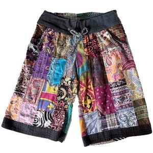 Sherpa Patchwork Palazzo Shorts Multi Print Fold-Over Waistband Boho Style Large